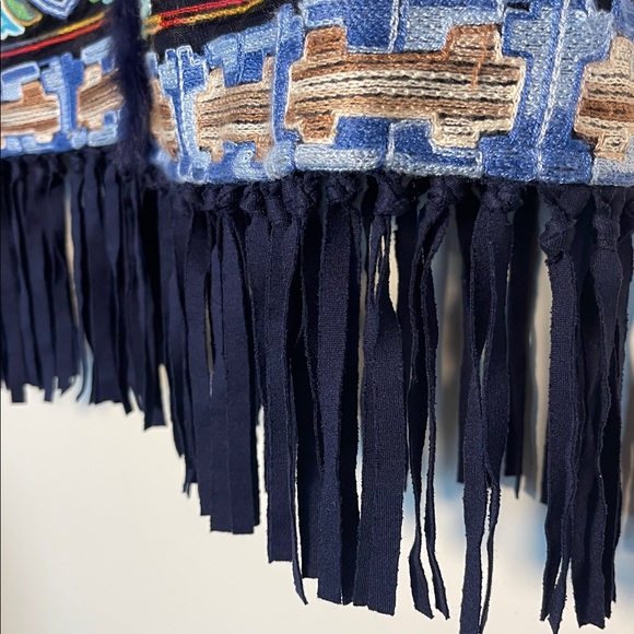 BOHO Navy Hooded Coat – Multi-Color Embroidery & Rabbit Fur Trim & Fringe Hem - Picture 9 of 16